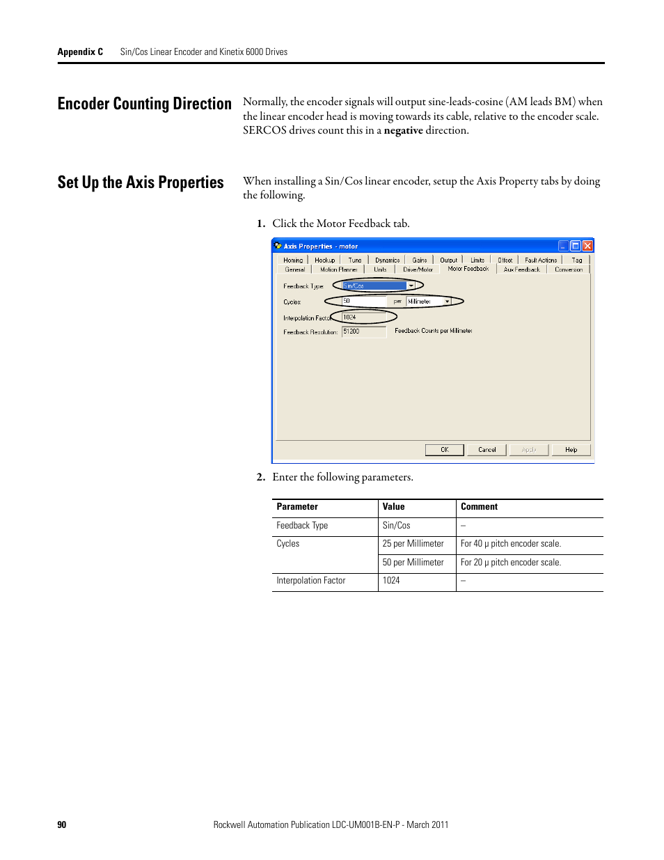 Encoder counting direction, Set up the axis properties | Rockwell Automation LDC Iron Core Linear Servo Motors User Manual | Page 90 / 98
