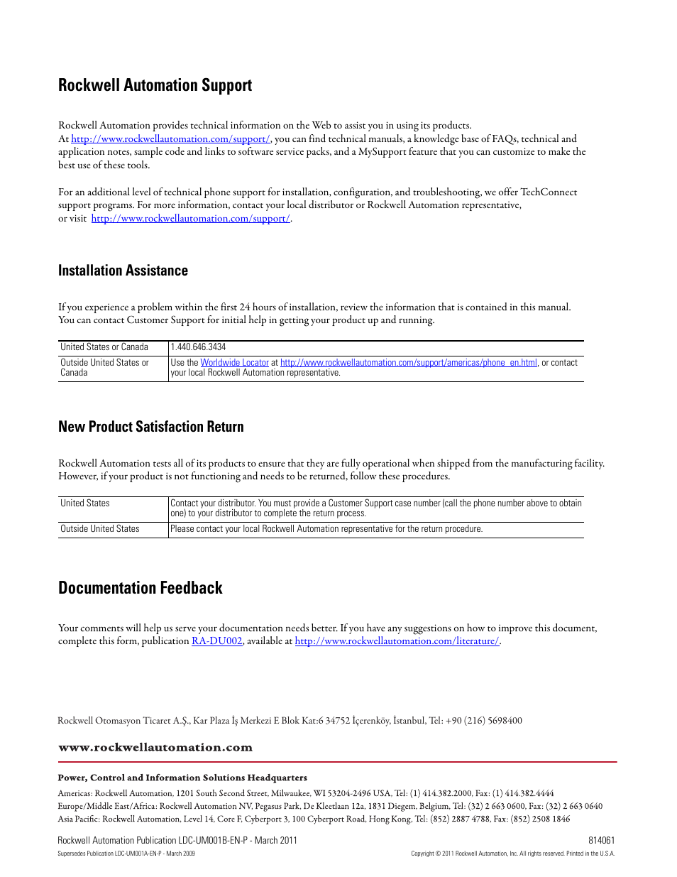 Rockwell automation support, Documentation feedback, Installation assistance | New product satisfaction return | Rockwell Automation LDC Iron Core Linear Servo Motors User Manual | Page 98 / 98