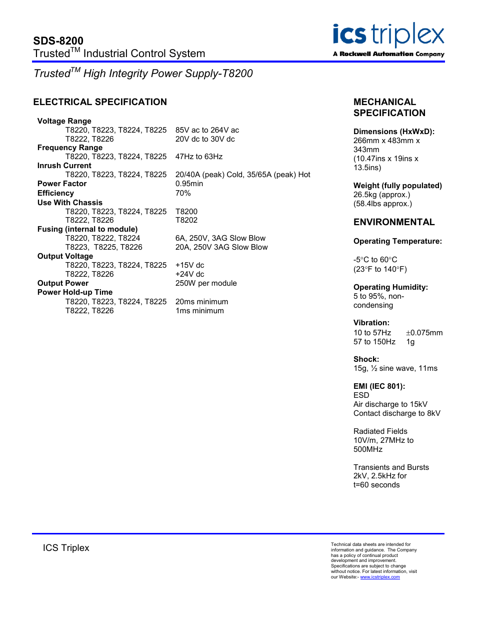 Electrical specification, Sds-8200 trusted, Industrial control system trusted | High integrity power supply-t8200 | Rockwell Automation T8200 Trusted High Integrity Power Supply User Manual | Page 2 / 2