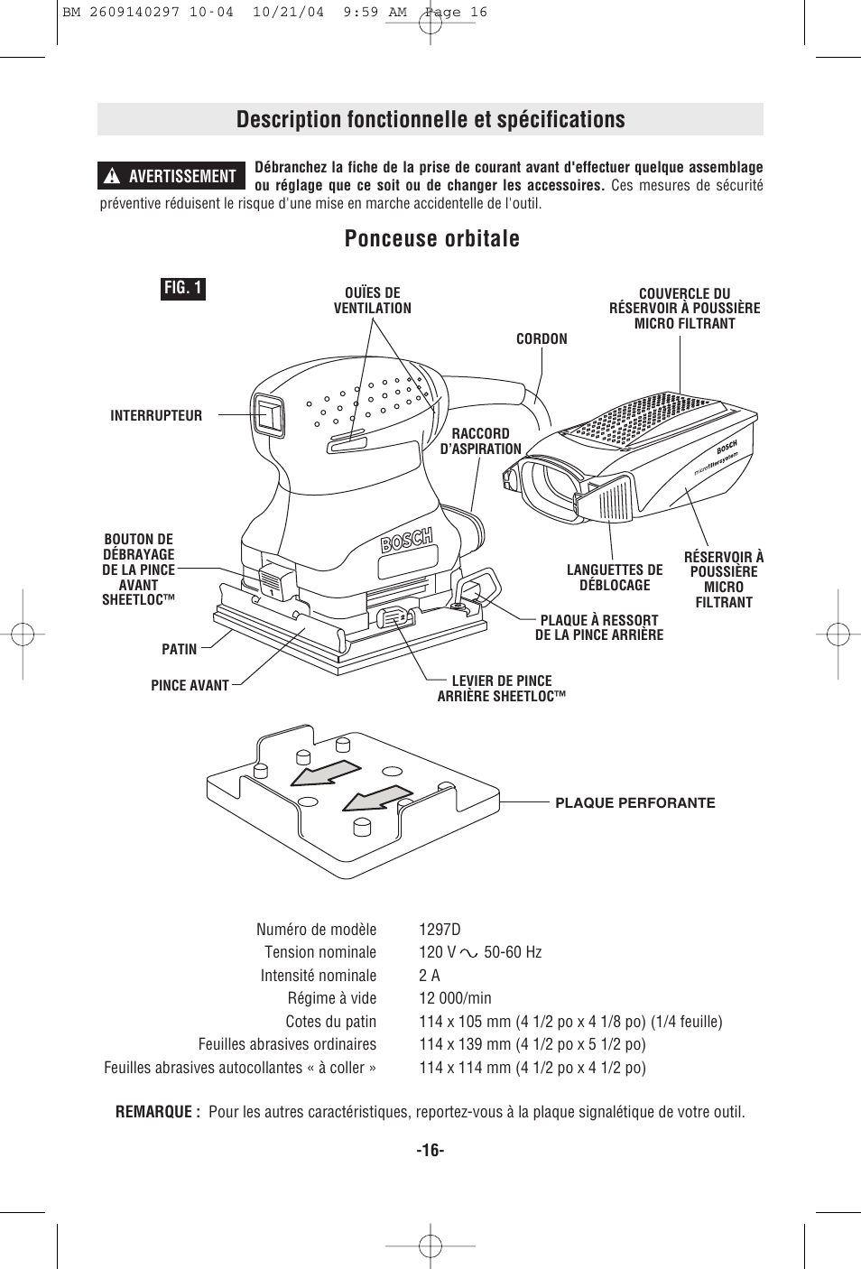 Description fonctionnelle et spécifications, Ponceuse orbitale | Bosch 1297D User Manual | Page 16 / 32