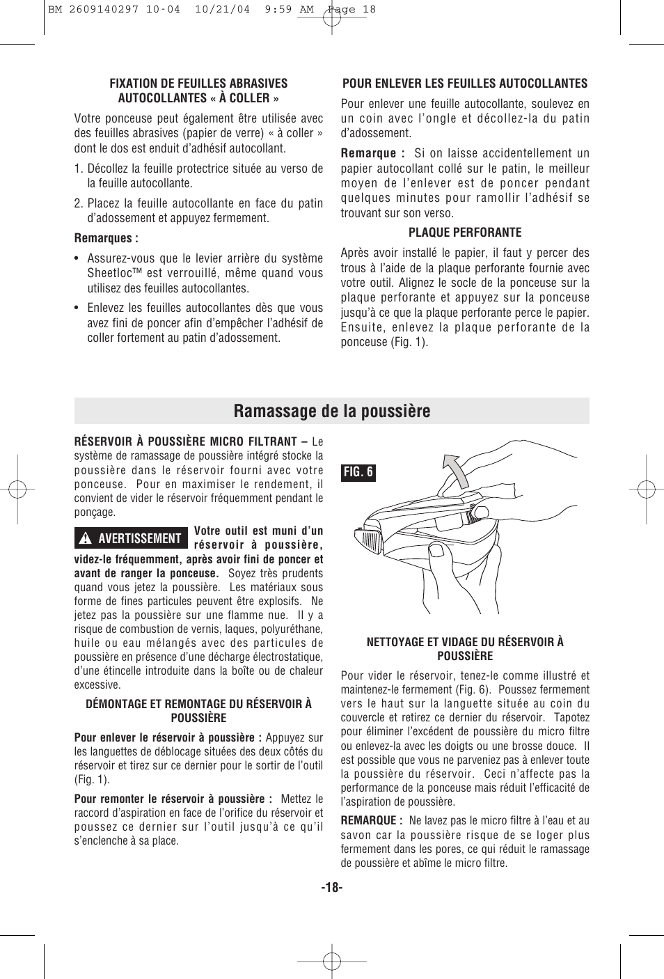 Ramassage de la poussière | Bosch 1297D User Manual | Page 18 / 32