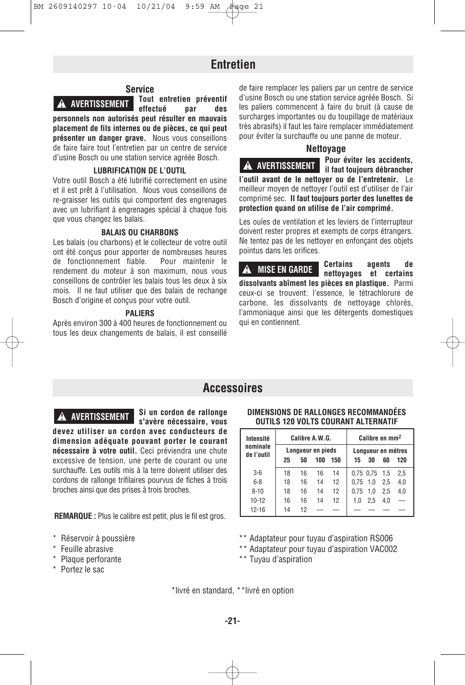 Accessoires, Entretien, Service | Nettoyage | Bosch 1297D User Manual | Page 21 / 32