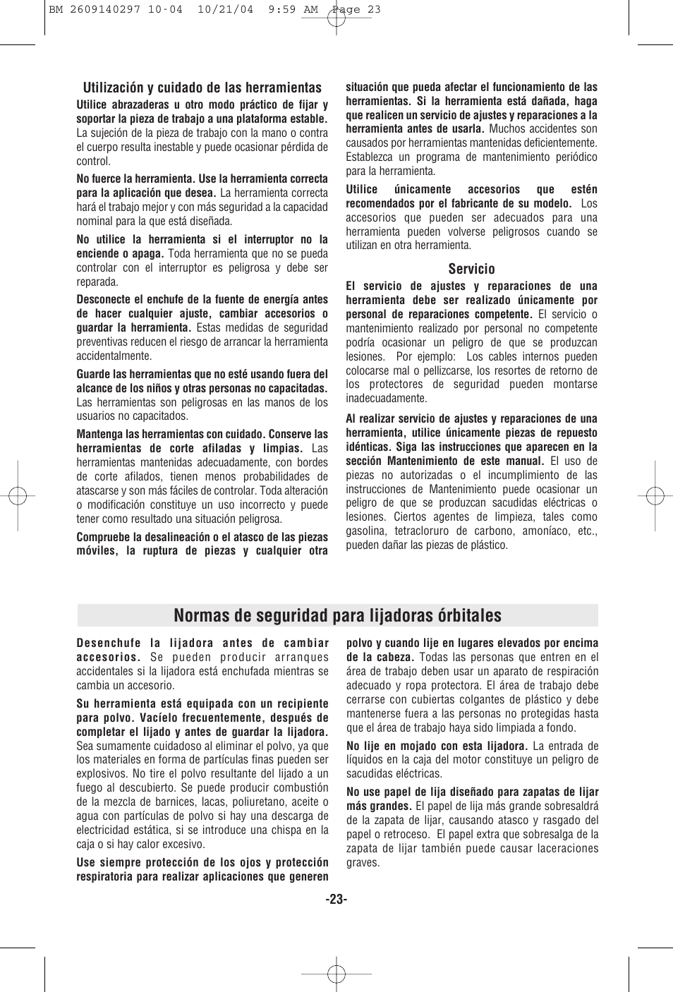 Normas de seguridad para lijadoras órbitales | Bosch 1297D User Manual | Page 23 / 32