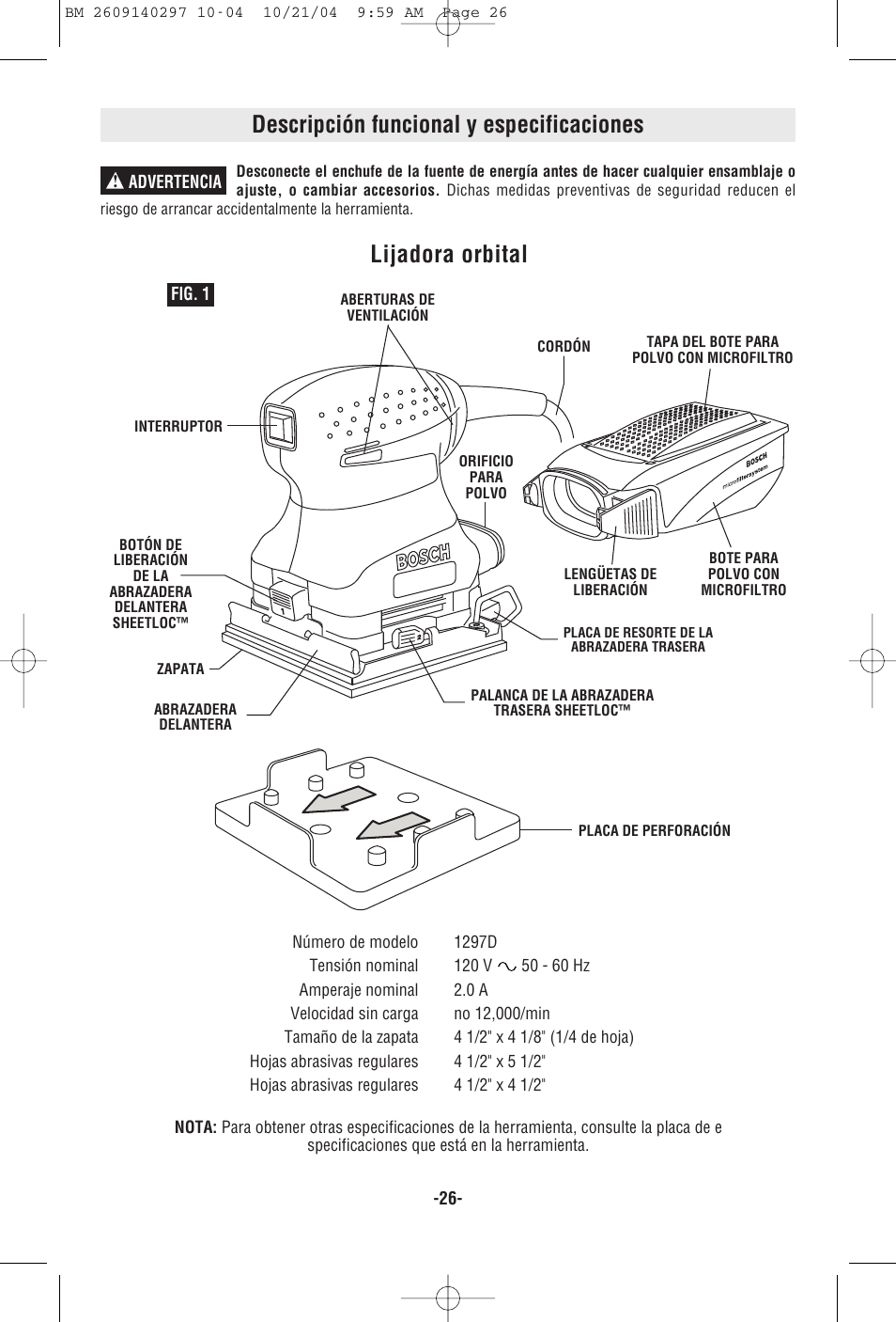 Descripción funcional y especificaciones, Lijadora orbital | Bosch 1297D User Manual | Page 26 / 32