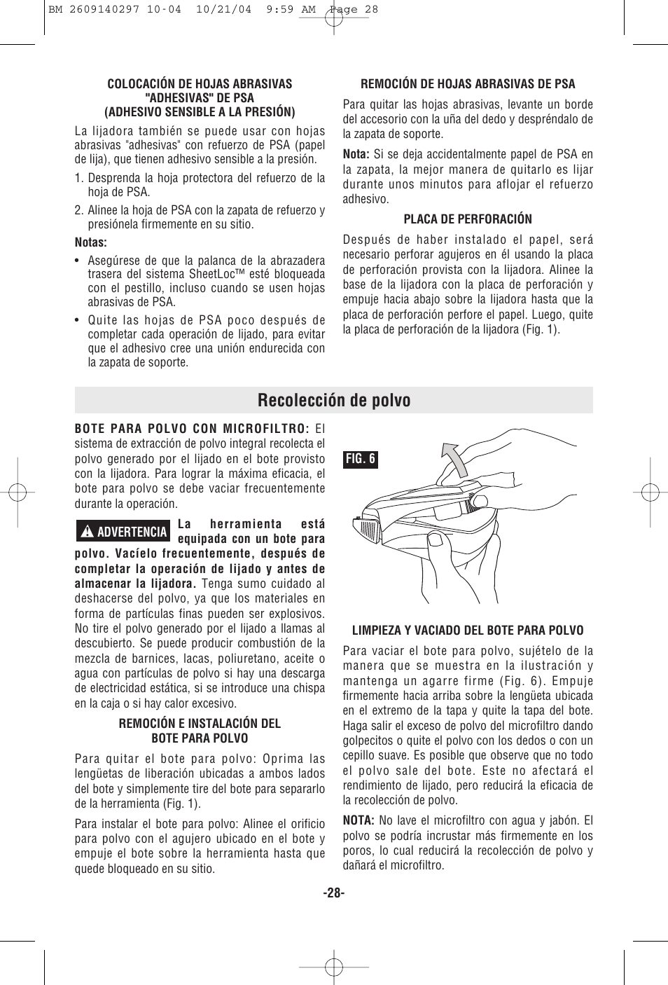 Recolección de polvo | Bosch 1297D User Manual | Page 28 / 32