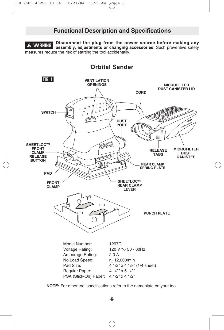 Functional description and specifications, Orbital sander, Warning | Bosch 1297D User Manual | Page 6 / 32