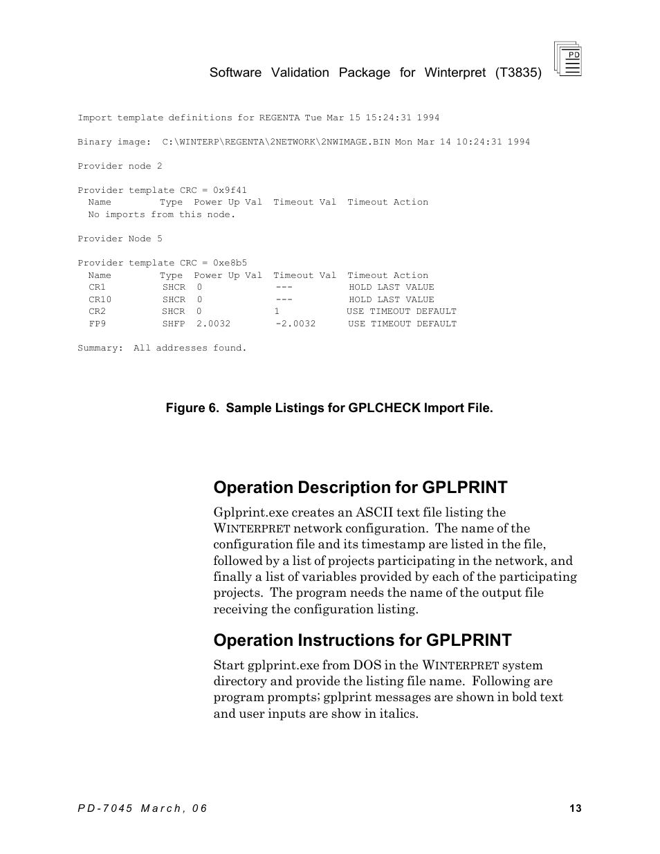 Operation description for gplprint, Operation instructions for gplprint | Rockwell Automation T7835 ICS Regent+Plus Software Validation Package for Winternet User Manual | Page 13 / 14