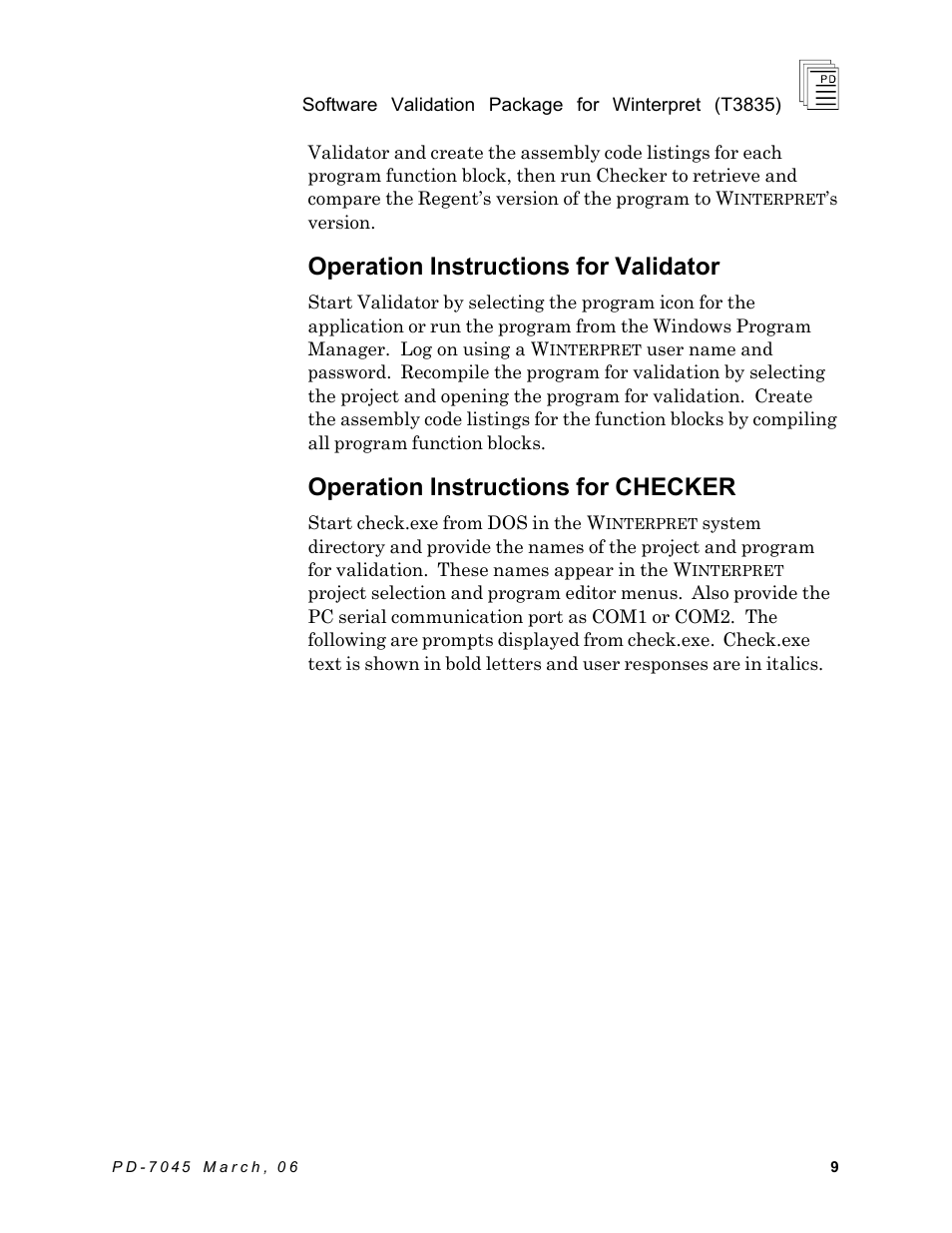 Operation instructions for validator, Operation instructions for checker | Rockwell Automation T7835 ICS Regent+Plus Software Validation Package for Winternet User Manual | Page 9 / 14