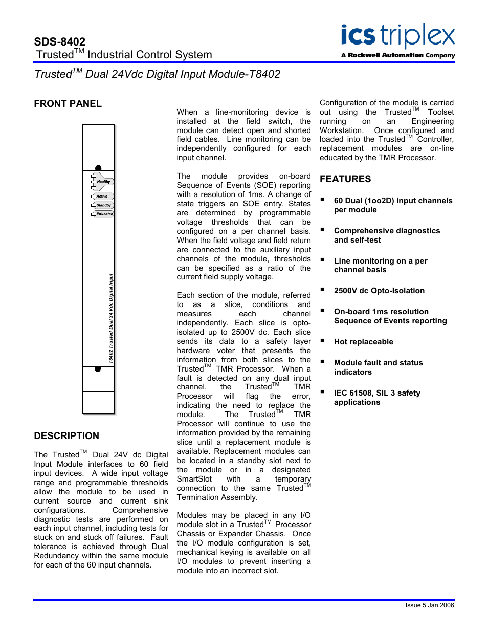 Rockwell Automation T8402 Trusted Dual 24V dc Digital Input Module User Manual | 2 pages