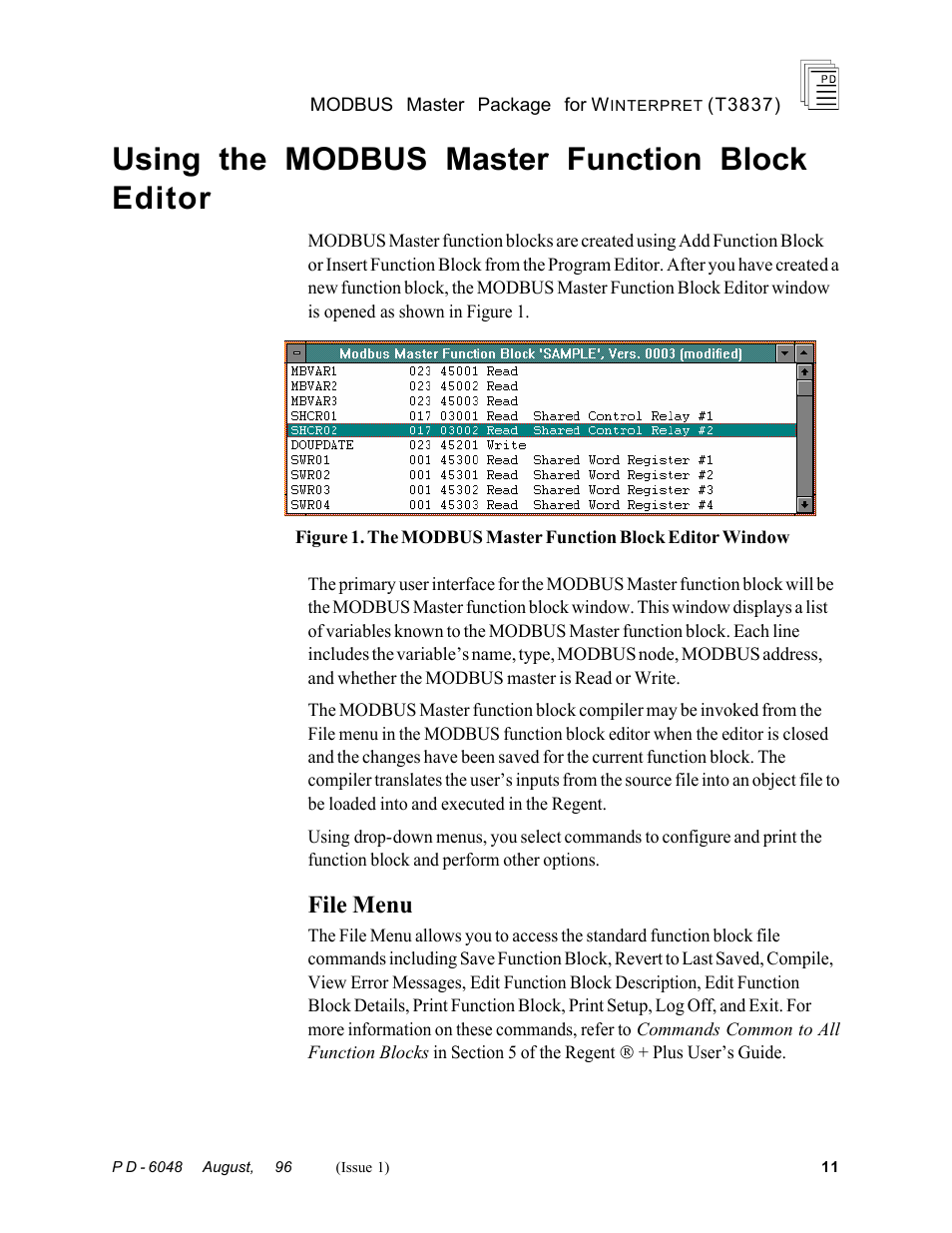 Using the modbus master function block editor, File menu | Rockwell Automation T3837 ICS Regent MODBUS Master Package for WINTERPRET User Manual | Page 11 / 23
