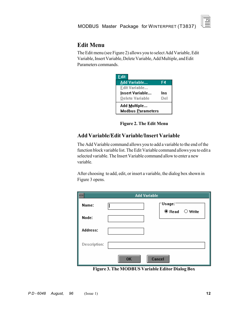 Edit menu, Add variable/edit variable/insert variable | Rockwell Automation T3837 ICS Regent MODBUS Master Package for WINTERPRET User Manual | Page 12 / 23