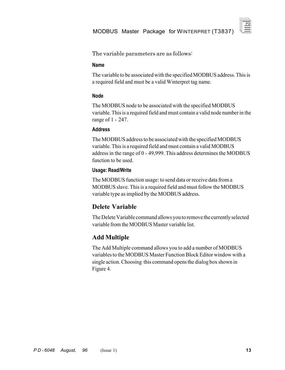 Delete variable, Add multiple | Rockwell Automation T3837 ICS Regent MODBUS Master Package for WINTERPRET User Manual | Page 13 / 23