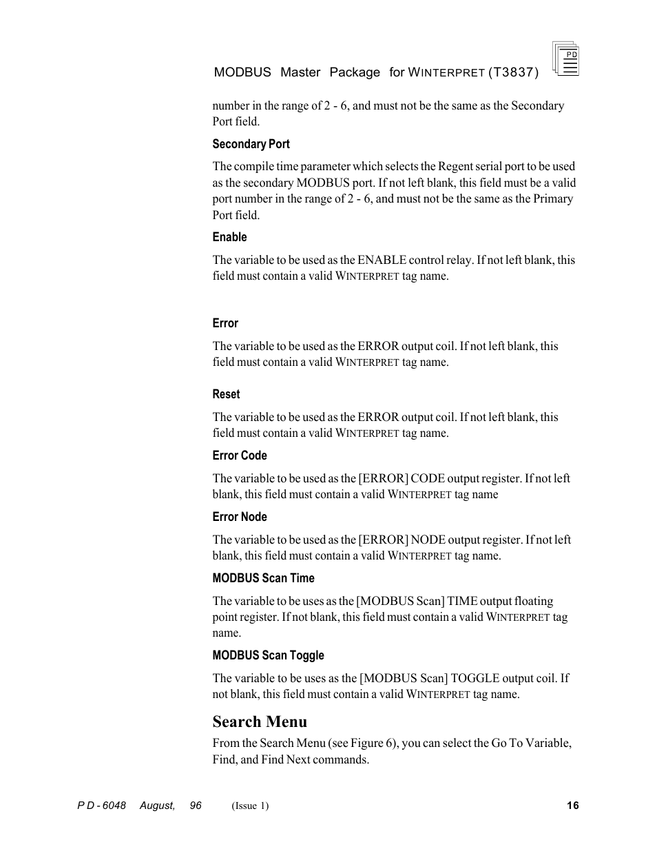 Search menu | Rockwell Automation T3837 ICS Regent MODBUS Master Package for WINTERPRET User Manual | Page 16 / 23