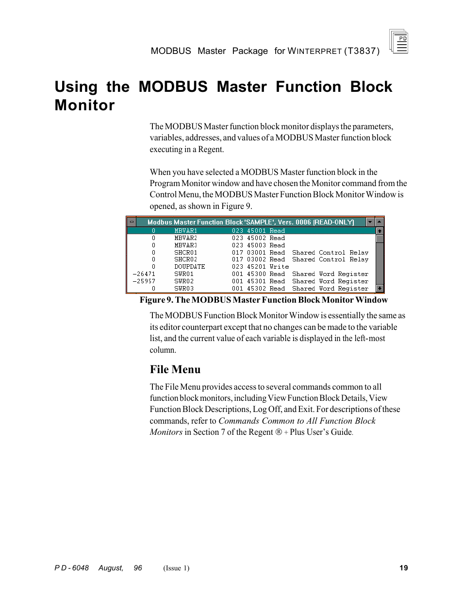 Using the modbus master function block monitor, File menu | Rockwell Automation T3837 ICS Regent MODBUS Master Package for WINTERPRET User Manual | Page 19 / 23