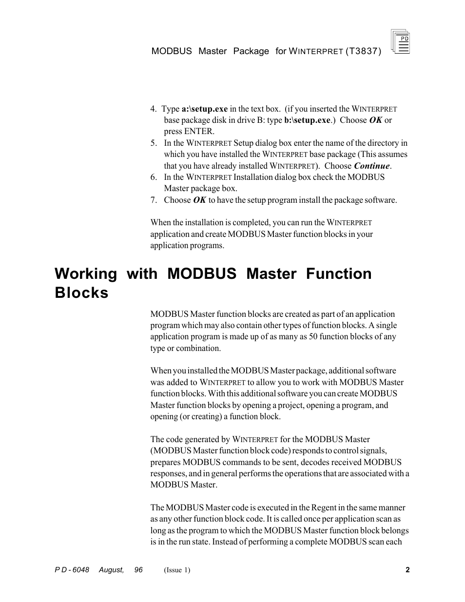 Working with modbus master function blocks | Rockwell Automation T3837 ICS Regent MODBUS Master Package for WINTERPRET User Manual | Page 2 / 23