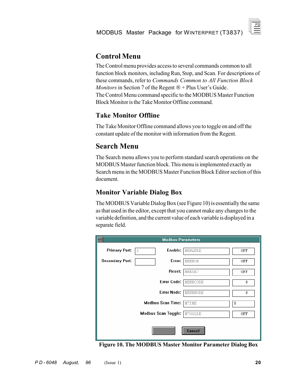 Control menu, Search menu, Take monitor offline | Monitor variable dialog box | Rockwell Automation T3837 ICS Regent MODBUS Master Package for WINTERPRET User Manual | Page 20 / 23