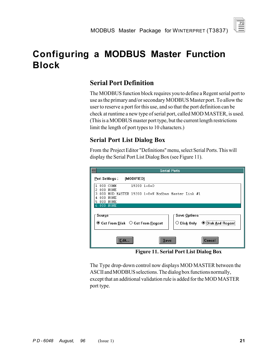 Configuring a modbus master function block, Serial port definition, Serial port list dialog box | Rockwell Automation T3837 ICS Regent MODBUS Master Package for WINTERPRET User Manual | Page 21 / 23