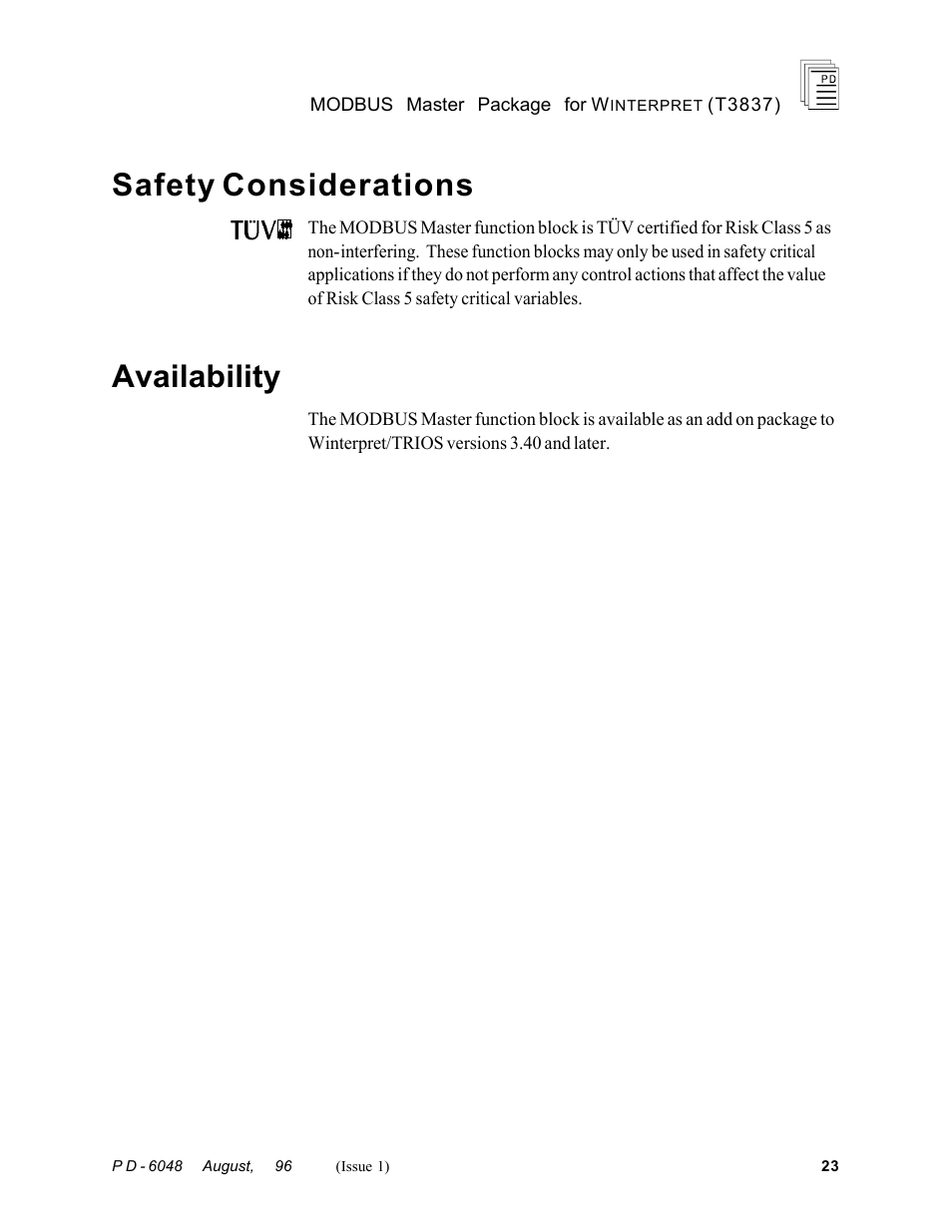 Safety considerations, Availability | Rockwell Automation T3837 ICS Regent MODBUS Master Package for WINTERPRET User Manual | Page 23 / 23