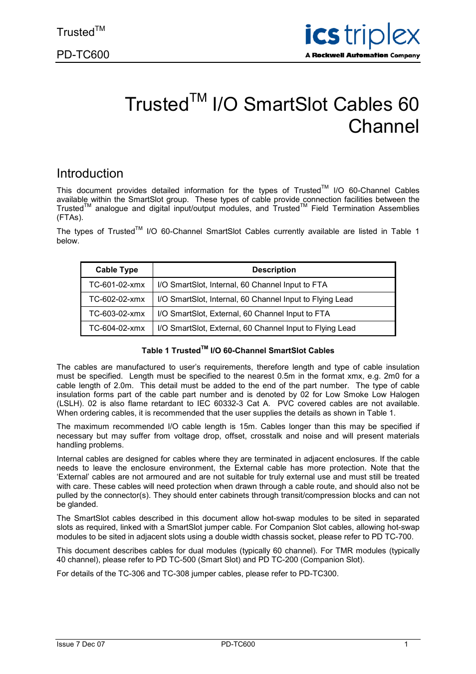 Rockwell Automation TC600 Trusted SmartSlot Cables 60 Channel User Manual | 12 pages