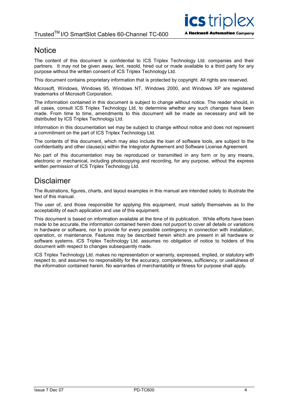 Notice, Disclaimer | Rockwell Automation TC600 Trusted SmartSlot Cables 60 Channel User Manual | Page 4 / 12