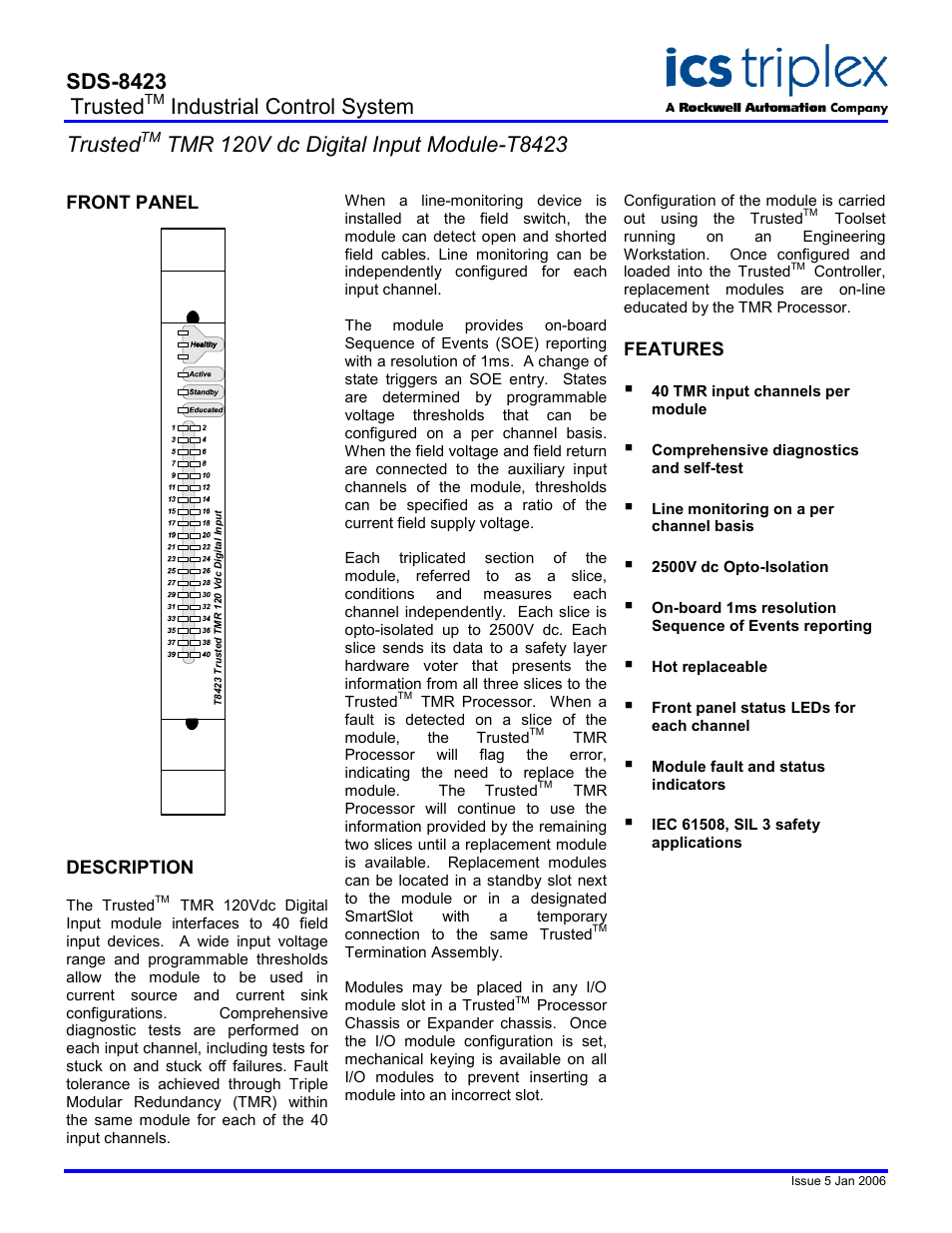 Rockwell Automation T8423 Trusted TMR 120V dc Digital Input Module User Manual | 2 pages