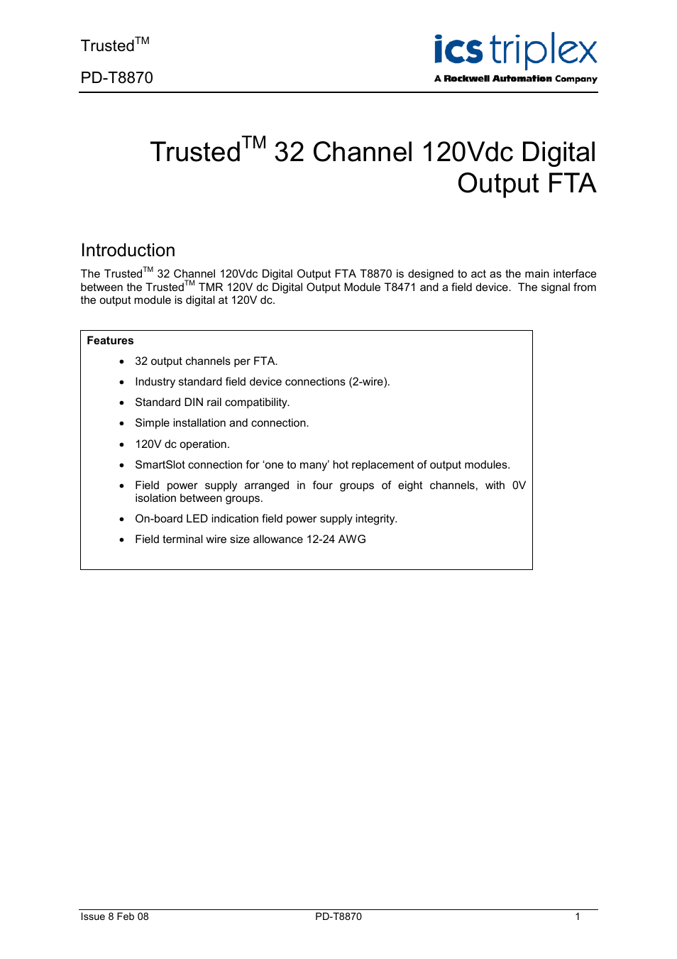 Rockwell Automation T8870 Trusted 32 Channel 120V dc Digital Output Digital Output FTA User Manual | 14 pages