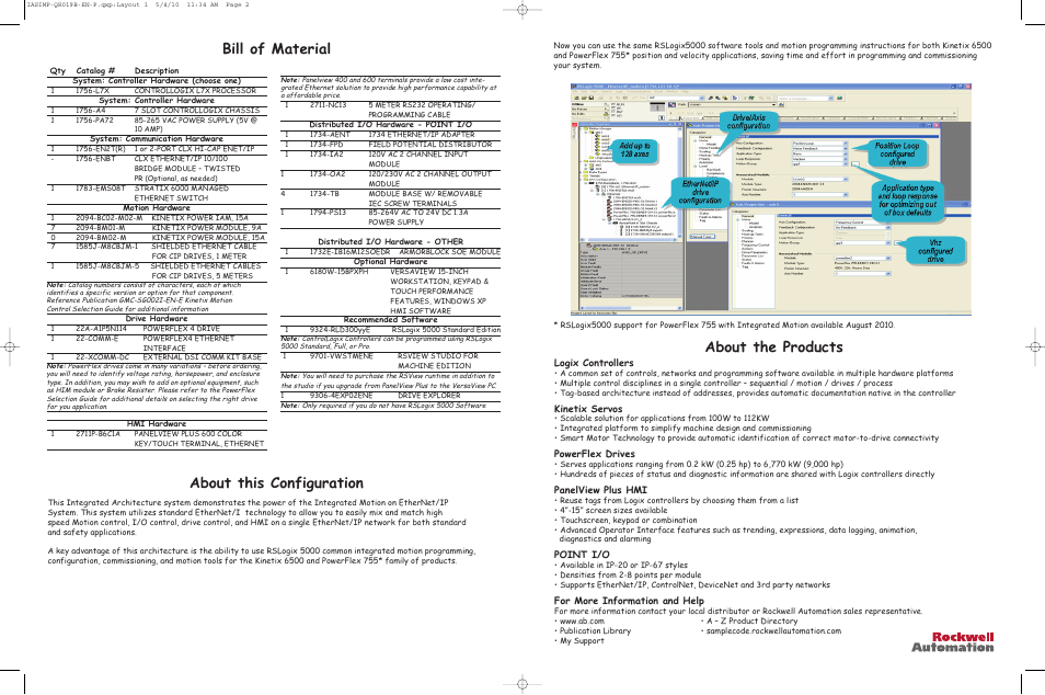 Bill of material about the products, About this configuration, Logix controllers | Kinetix servos, Powerflex drives, Panelview plus hmi, Point i/o, For more information and help | Rockwell Automation CIP Motion Popular Configuration Drawing With Notes User Manual | Page 2 / 6