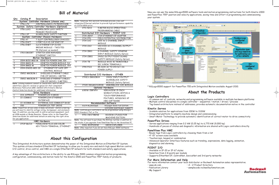 Bill of material about the products, About this configuration, Logix controllers | Kinetix servos, Powerflex drives, Panelview plus hmi, Point i/o, For more information and help | Rockwell Automation CIP Motion Popular Configuration Drawing With Notes User Manual | Page 4 / 6
