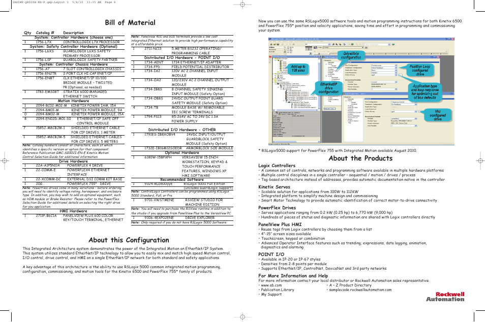 Bill of material about the products, About this configuration, Logix controllers | Kinetix servos, Powerflex drives, Panelview plus hmi, Point i/o, For more information and help | Rockwell Automation CIP Motion Popular Configuration Drawing With Notes User Manual | Page 6 / 6