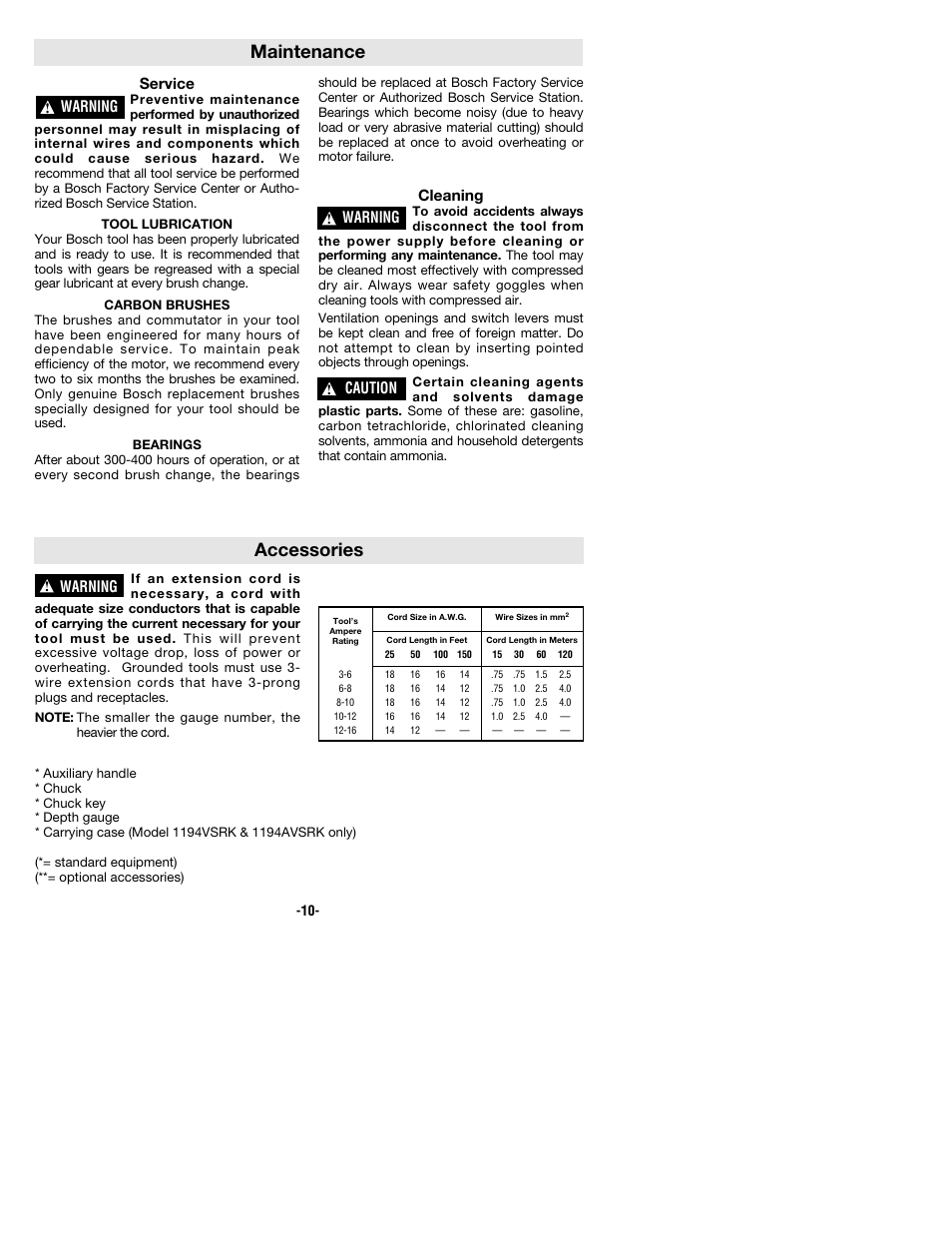 Maintenance, Accessories, Service | Cleaning, Warning, Caution | Bosch 1194AVSR User Manual | Page 10 / 32