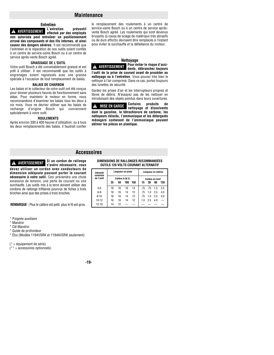 Maintenance, Accessoires | Bosch 1194AVSR User Manual | Page 19 / 32