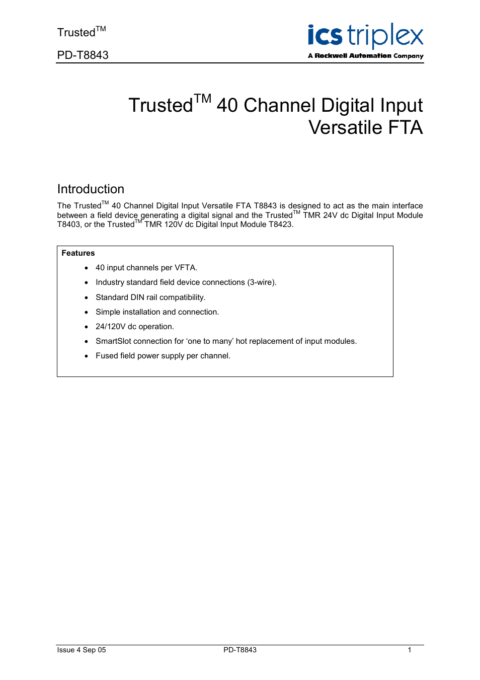 Rockwell Automation T8843 Trusted 40 Channel Digital Input Versatile FTA User Manual | 14 pages