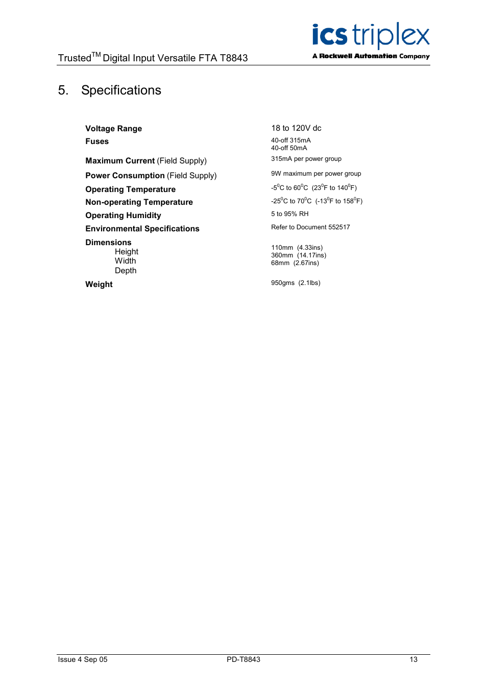 Specifications, Trusted, Digital input versatile fta t8843 | Rockwell Automation T8843 Trusted 40 Channel Digital Input Versatile FTA User Manual | Page 13 / 14