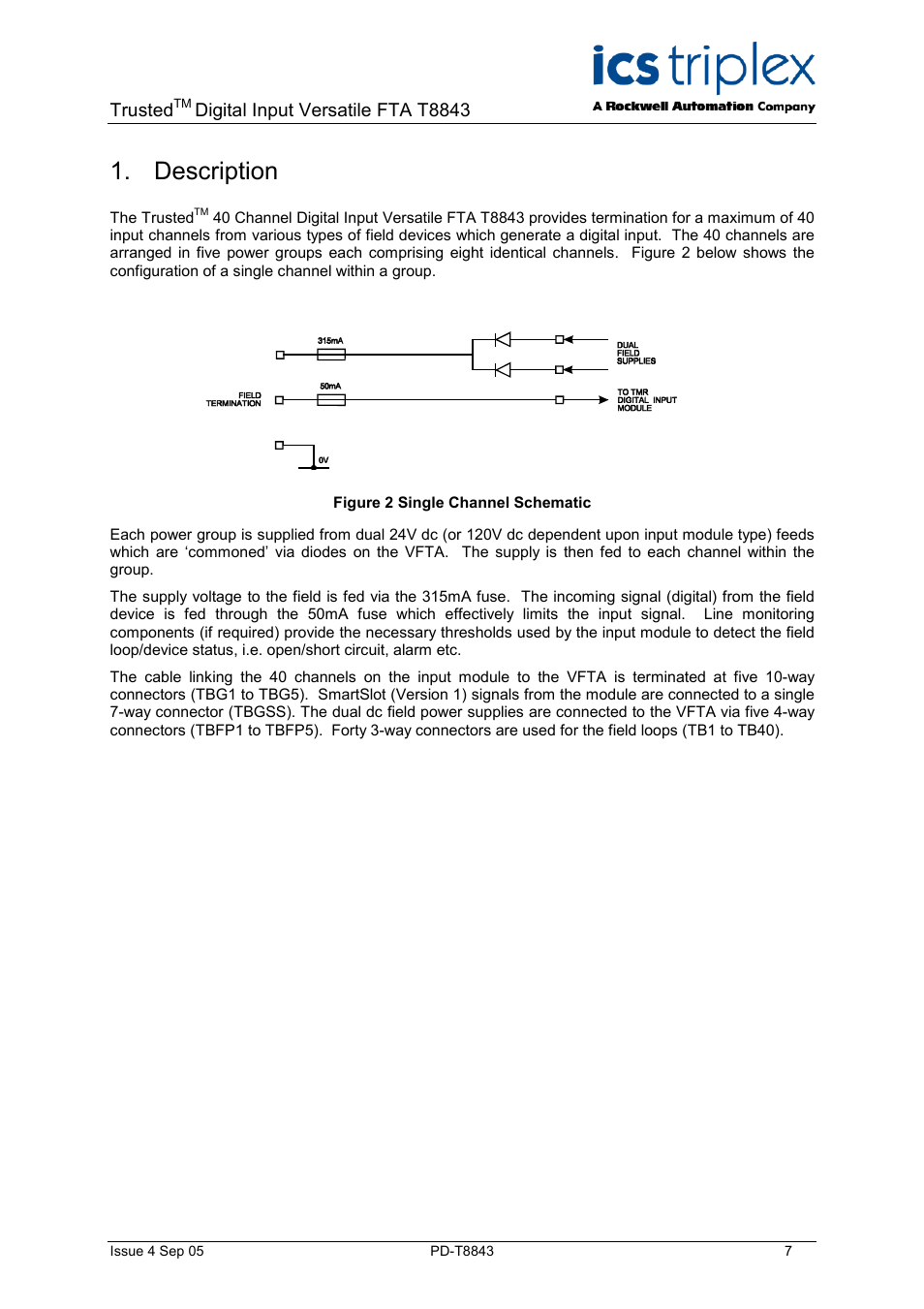 Description, Figure 2 single channel schematic, Trusted | Digital input versatile fta t8843 | Rockwell Automation T8843 Trusted 40 Channel Digital Input Versatile FTA User Manual | Page 7 / 14