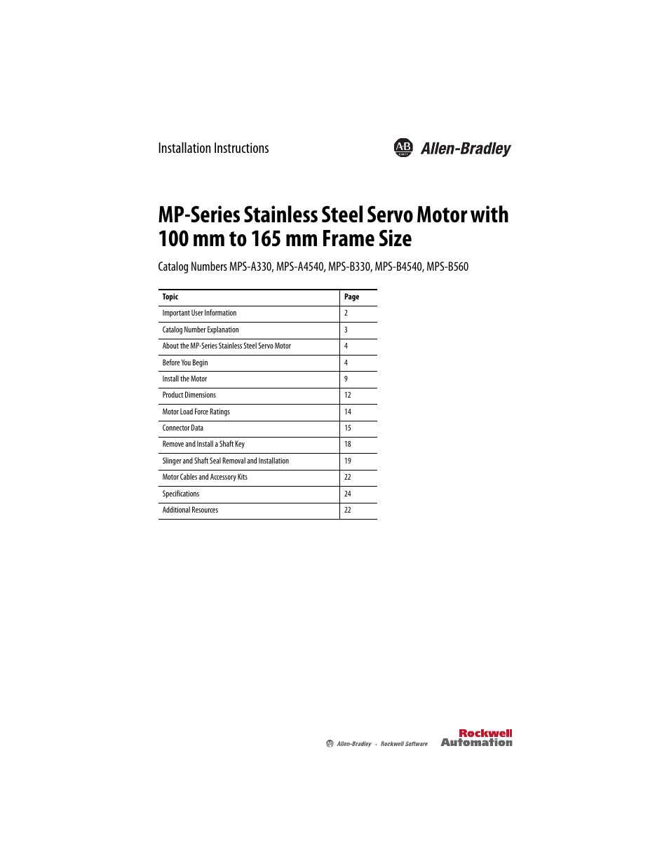 Rockwell Automation MPS-xxxx Stainless Steel Servo Motor User Manual | 26 pages