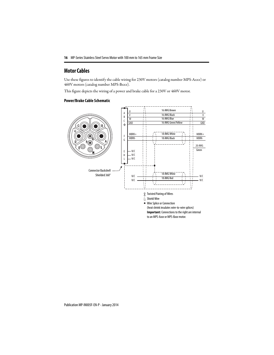 Motor cables, Power/brake cable schematic | Rockwell Automation MPS-xxxx Stainless Steel Servo Motor User Manual | Page 16 / 26