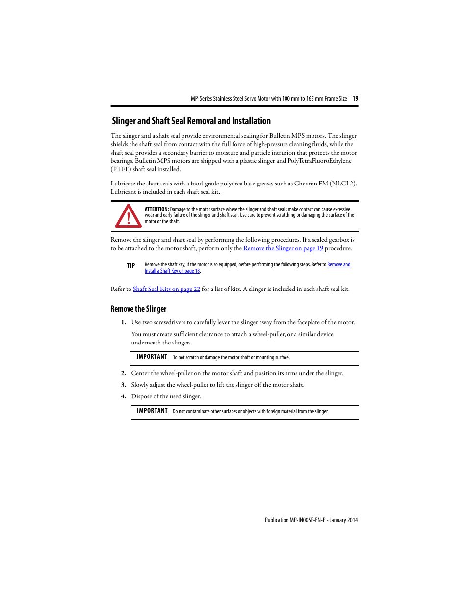 Slinger and shaft seal removal and installation, Remove the slinger | Rockwell Automation MPS-xxxx Stainless Steel Servo Motor User Manual | Page 19 / 26