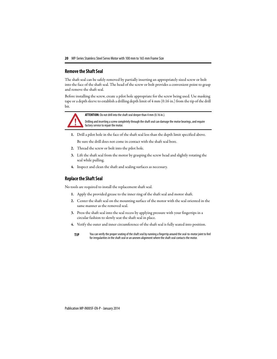 Remove the shaft seal, Replace the shaft seal | Rockwell Automation MPS-xxxx Stainless Steel Servo Motor User Manual | Page 20 / 26