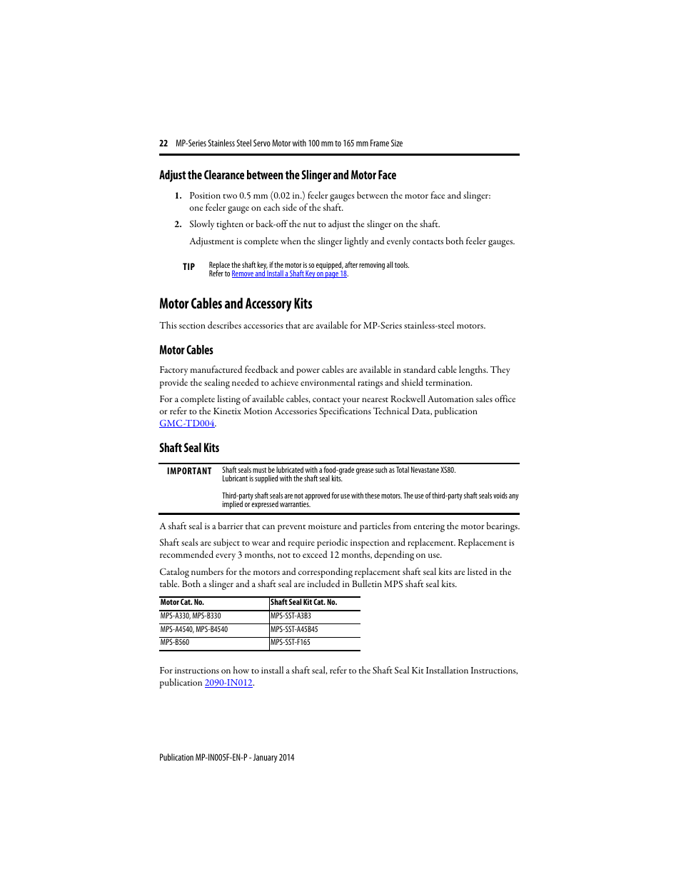 Motor cables and accessory kits, Motor cables, Shaft seal kits | Rockwell Automation MPS-xxxx Stainless Steel Servo Motor User Manual | Page 22 / 26