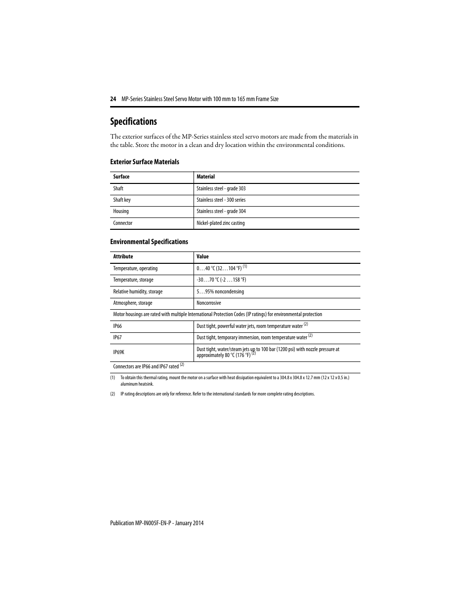 Specifications, Specifications 24 | Rockwell Automation MPS-xxxx Stainless Steel Servo Motor User Manual | Page 24 / 26