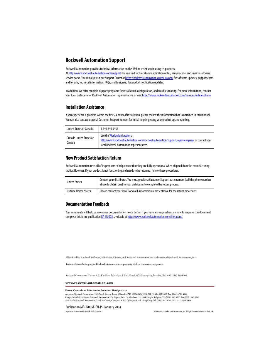 Back cover, Rockwell automation support, Installation assistance | New product satisfaction return, Documentation feedback | Rockwell Automation MPS-xxxx Stainless Steel Servo Motor User Manual | Page 26 / 26