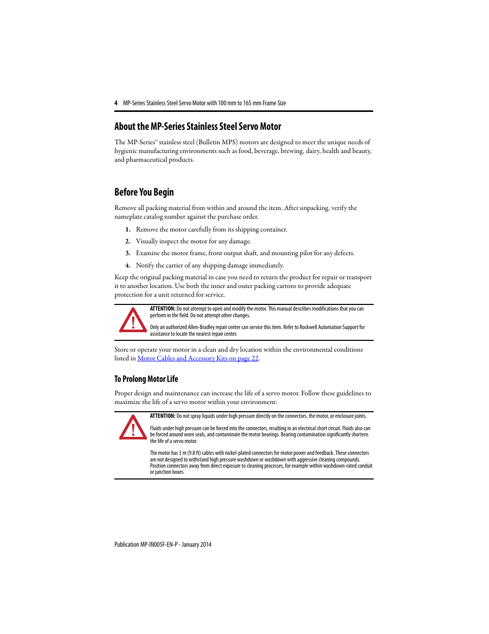 About the mp-series stainless steel servo motor, Before you begin, To prolong motor life | Rockwell Automation MPS-xxxx Stainless Steel Servo Motor User Manual | Page 4 / 26