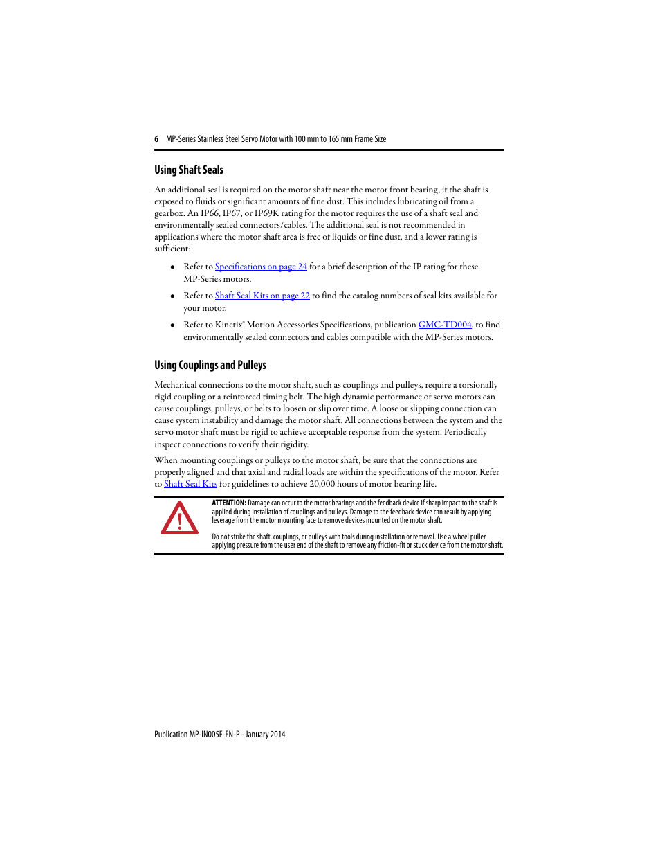 Using shaft seals, Using couplings and pulleys | Rockwell Automation MPS-xxxx Stainless Steel Servo Motor User Manual | Page 6 / 26