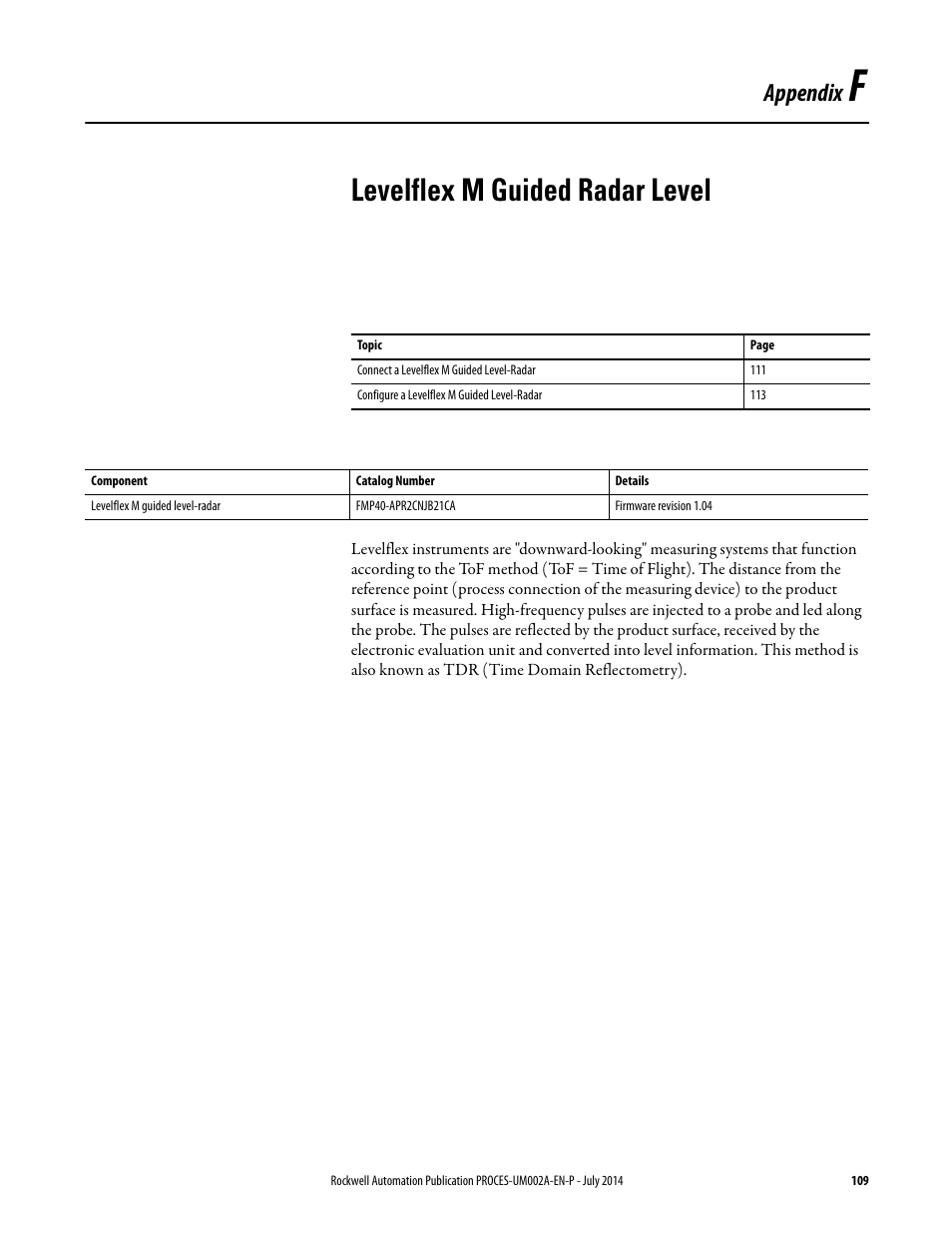 Appendix f, Levelflex m guided radar level, Appendix | Rockwell Automation 1734sc-IE4CH E+H Instruments via HART to PlantPAx User Manual User Manual | Page 109 / 160