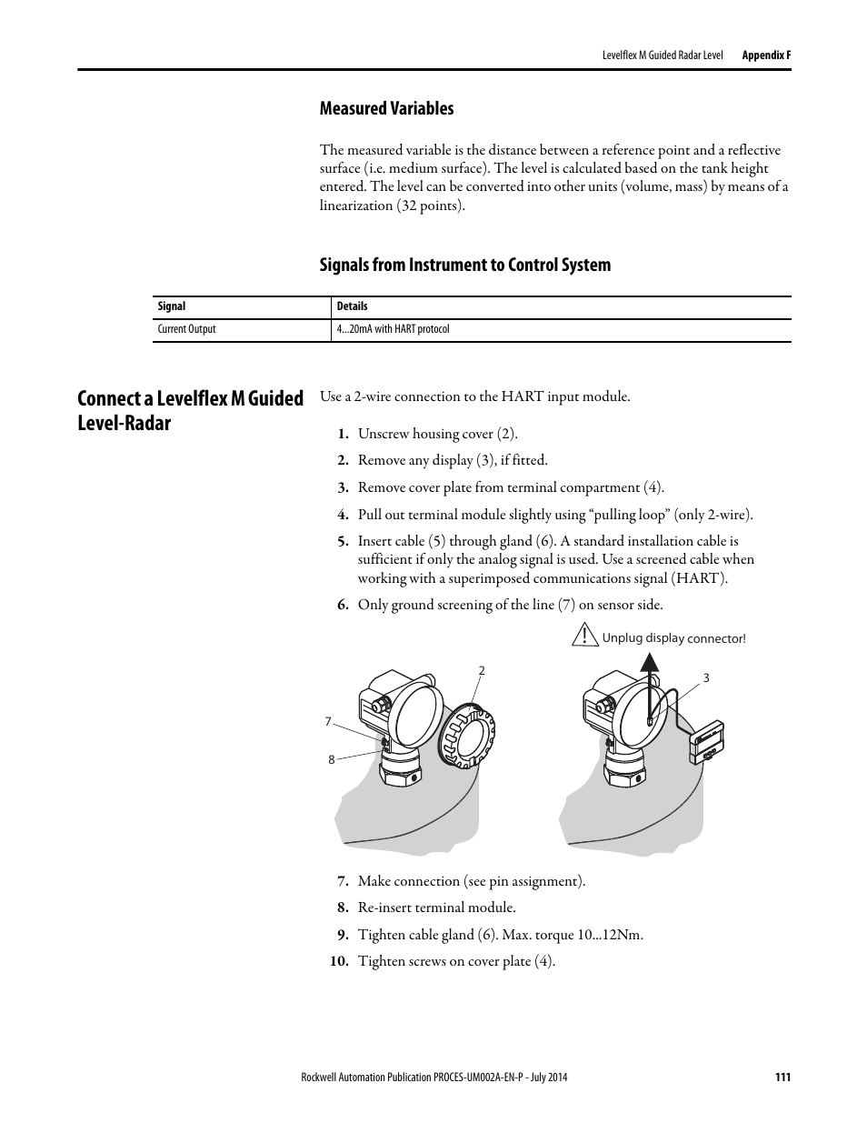 Measured variables, Signals from instrument to control system, Connect a levelflex m guided level-radar | Rockwell Automation 1734sc-IE4CH E+H Instruments via HART to PlantPAx User Manual User Manual | Page 111 / 160