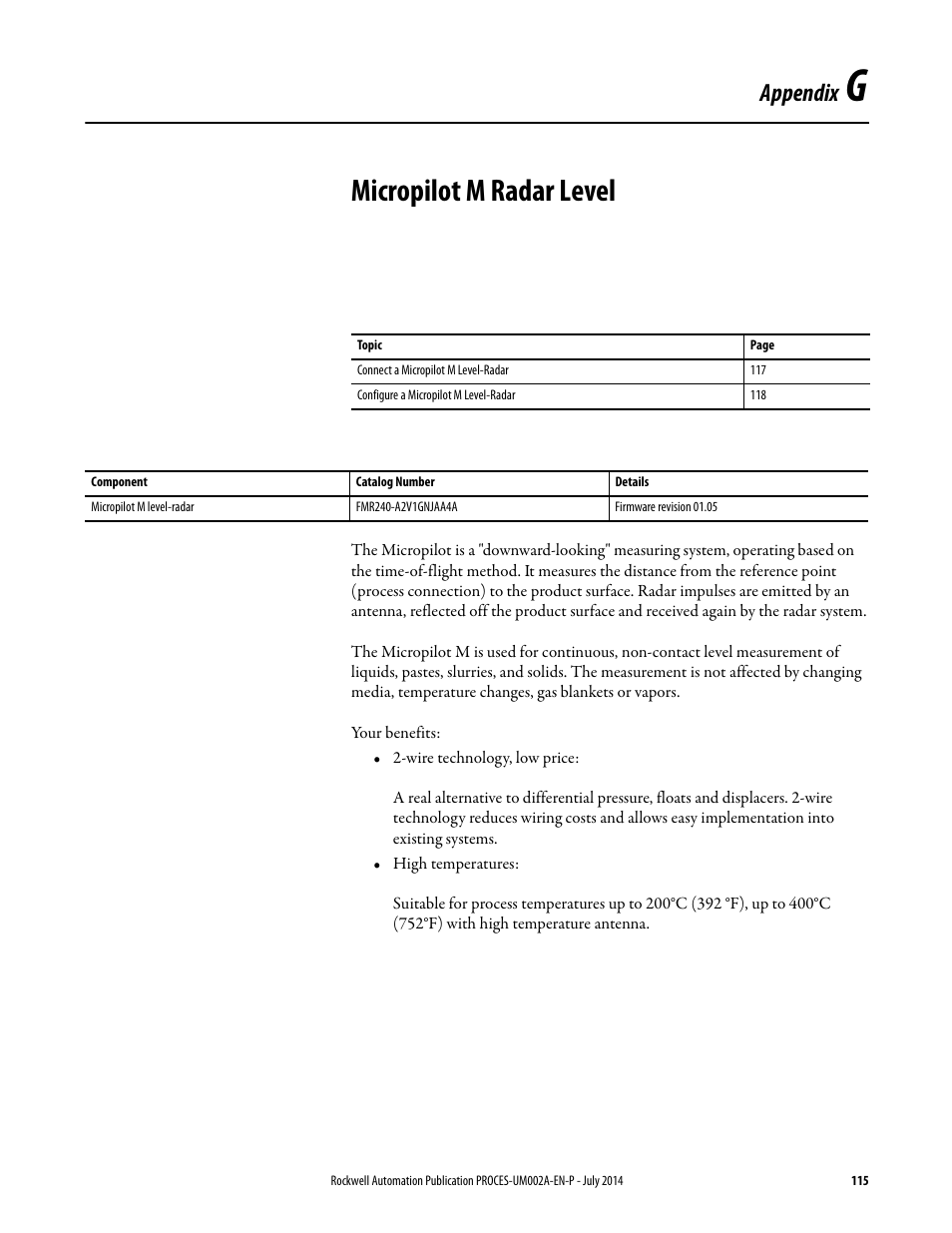 Appendix g, Micropilot m radar level, Appendix | Rockwell Automation 1734sc-IE4CH E+H Instruments via HART to PlantPAx User Manual User Manual | Page 115 / 160
