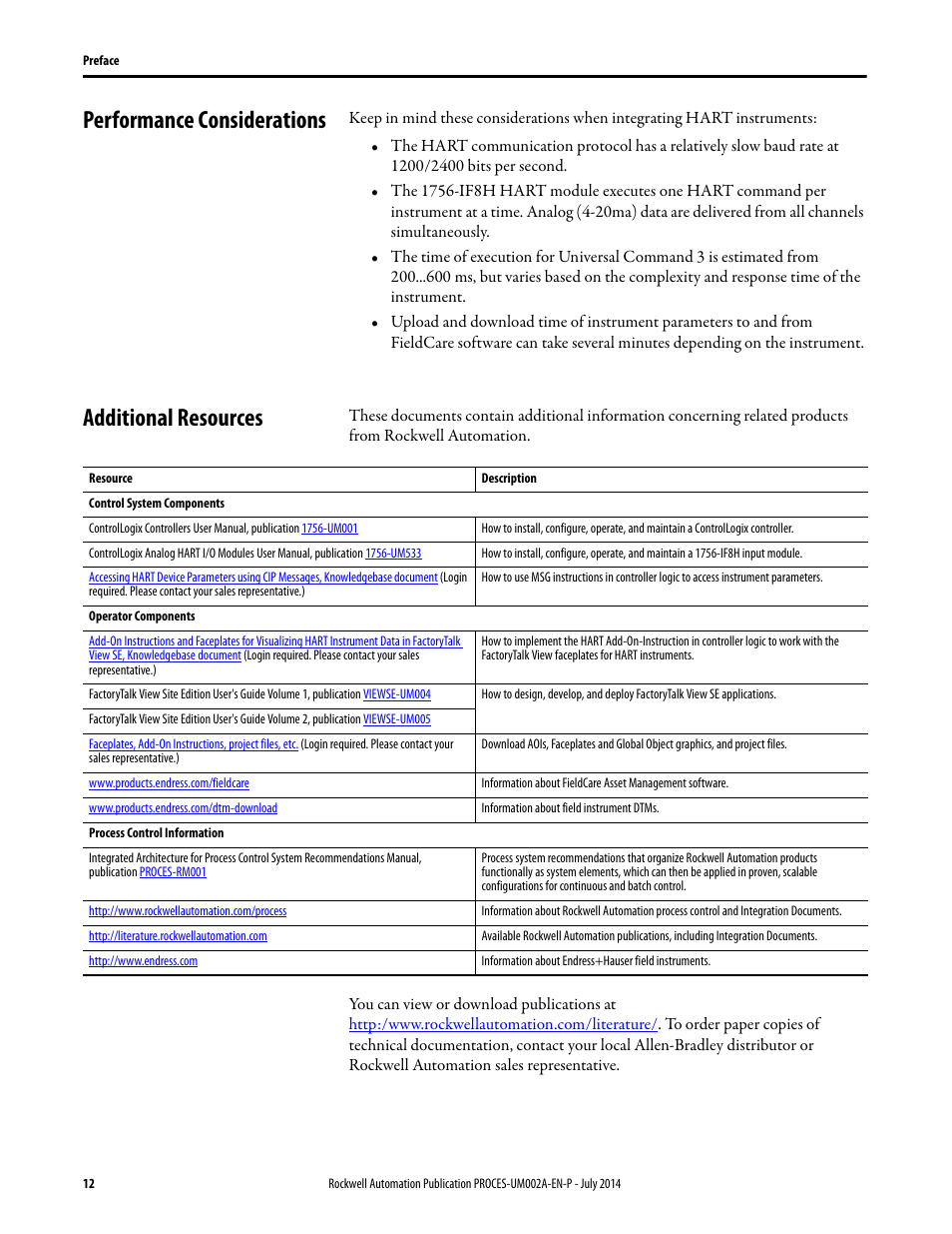 Performance considerations, Additional resources, Performance considerations additional resources | Rockwell Automation 1734sc-IE4CH E+H Instruments via HART to PlantPAx User Manual User Manual | Page 12 / 160
