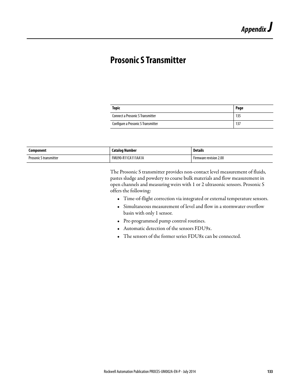 Appendix j, Prosonic s transmitter, Appendix | Rockwell Automation 1734sc-IE4CH E+H Instruments via HART to PlantPAx User Manual User Manual | Page 133 / 160