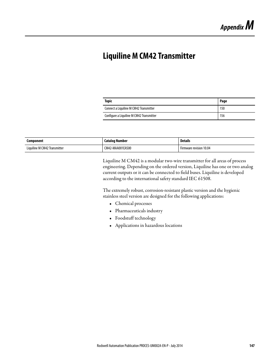 Appendix m, Liquiline m cm42 transmitter, Appendix | Rockwell Automation 1734sc-IE4CH E+H Instruments via HART to PlantPAx User Manual User Manual | Page 147 / 160