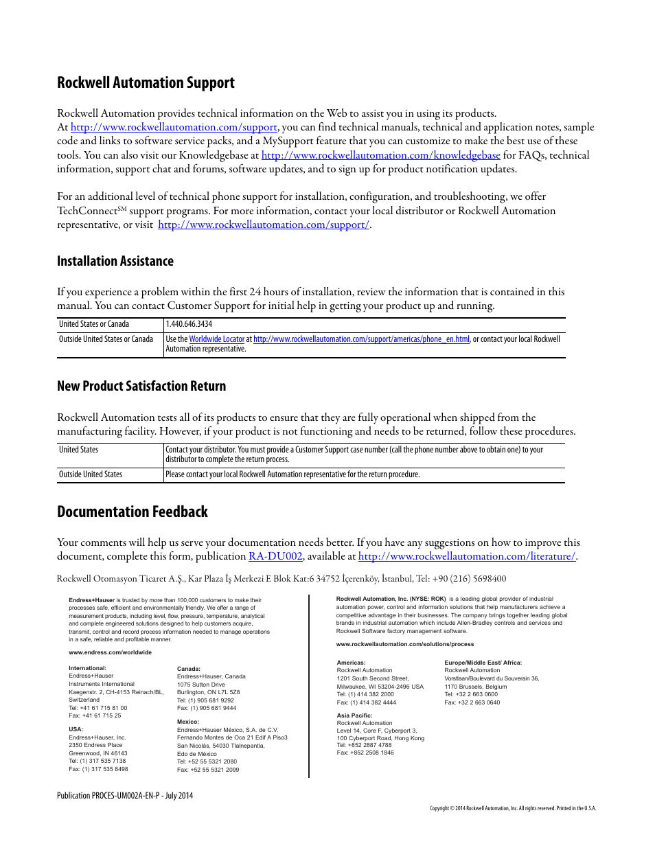Back cover, Rockwell automation support, Documentation feedback | Installation assistance, New product satisfaction return | Rockwell Automation 1734sc-IE4CH E+H Instruments via HART to PlantPAx User Manual User Manual | Page 160 / 160
